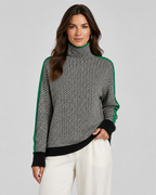 Women’s Herringbone Knit Turtleneck Sweater with Contrast Sleeves