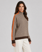 Women’s Herringbone Knit Turtleneck Sweater with Contrast Sleeves