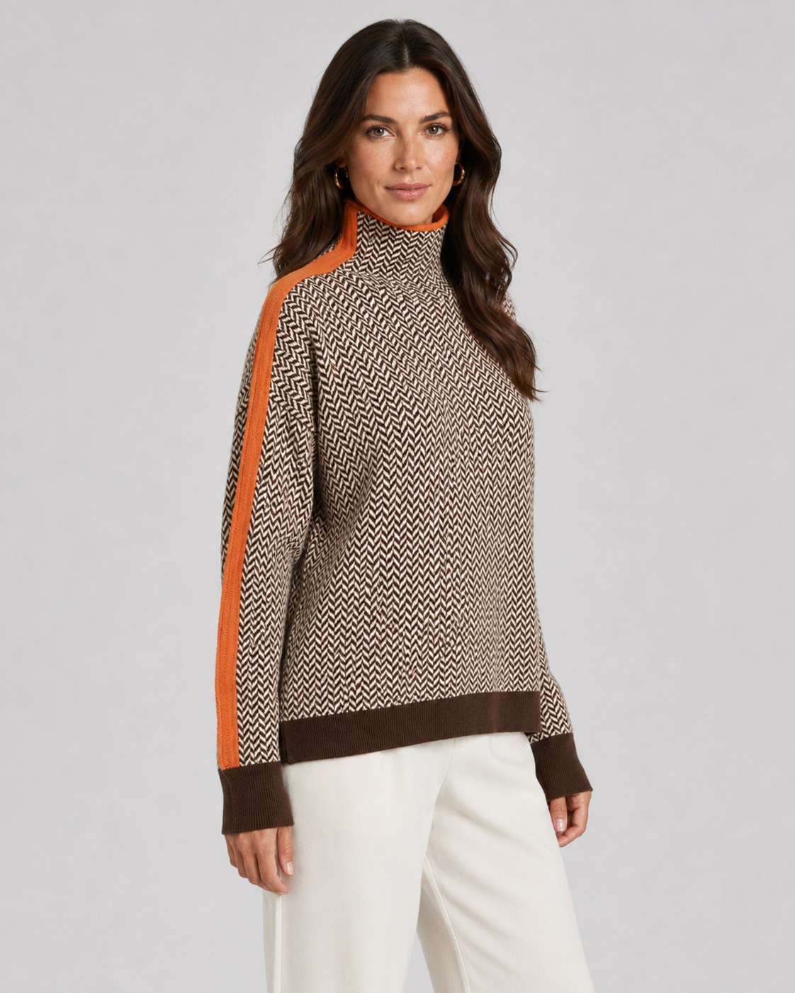 Women’s Herringbone Knit Turtleneck Sweater with Contrast Sleeves