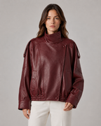 Women’s High Collar Leather Jacket – Relaxed Zip Fit