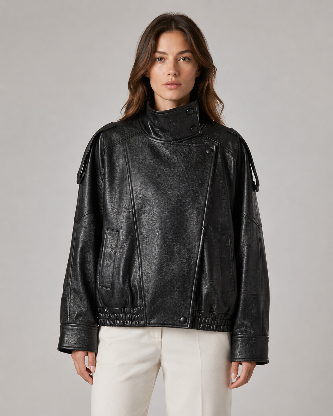 Women’s High Collar Leather Jacket – Relaxed Zip Fit