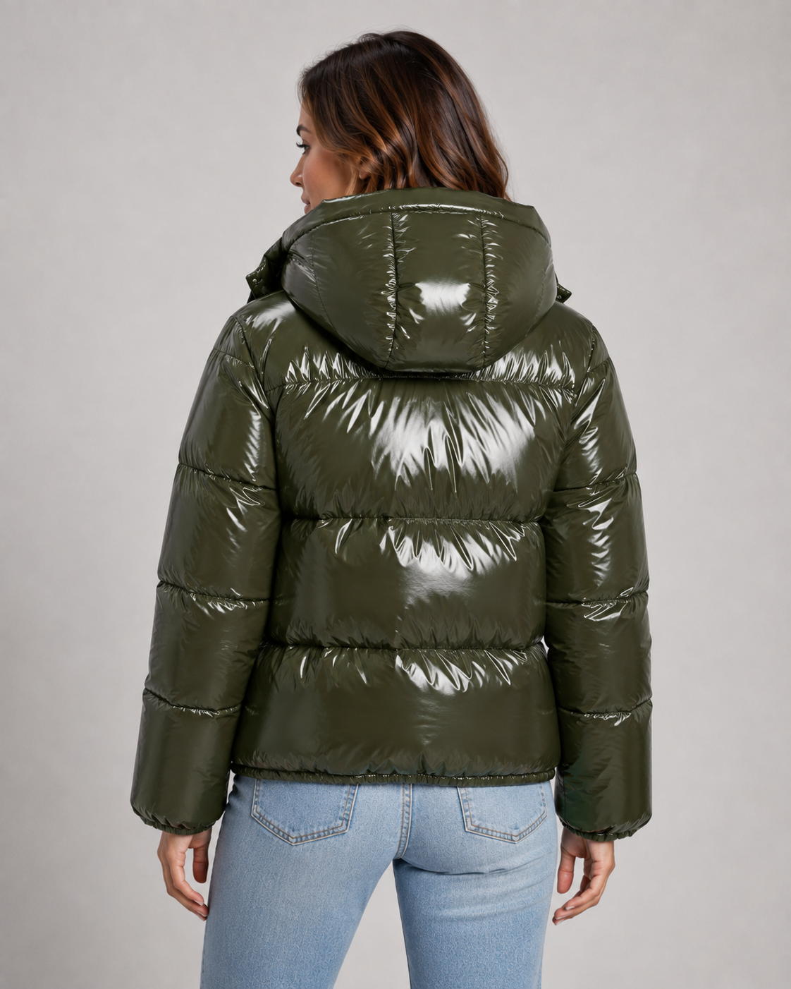 Women's Hooded Glossy Puffer Jacket - Cropped Zip-Up