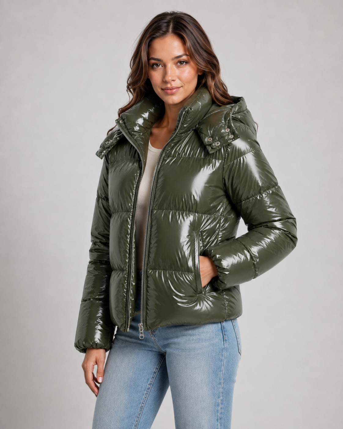 Women's Hooded Glossy Puffer Jacket - Cropped Zip-Up