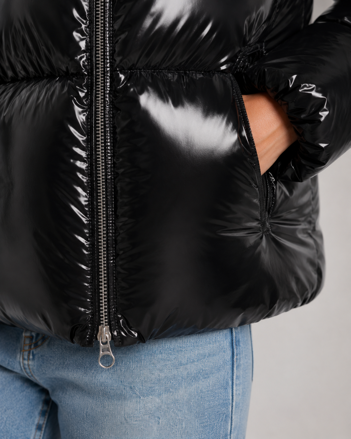 Women's Hooded Glossy Puffer Jacket - Cropped Zip-Up