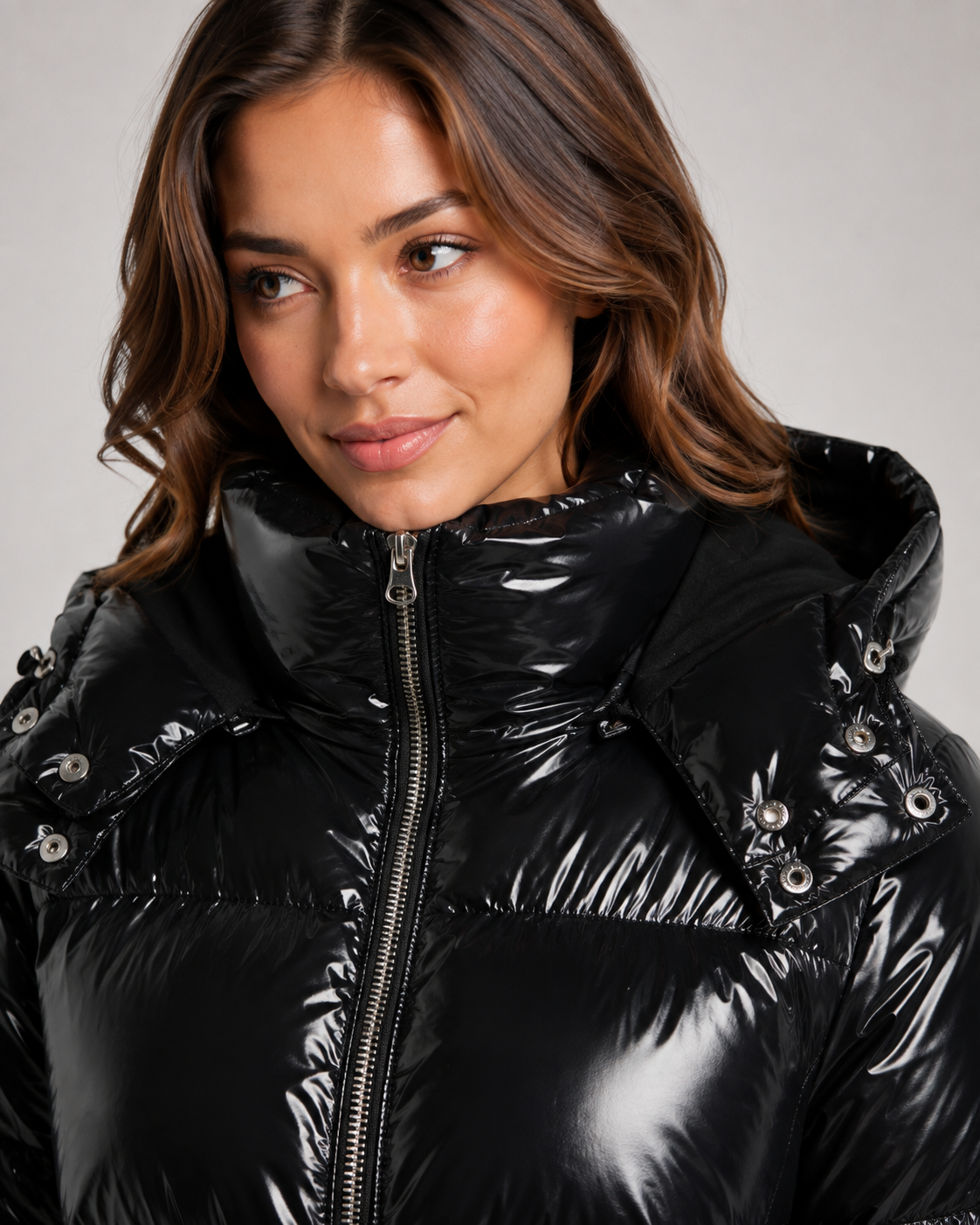 Women's Hooded Glossy Puffer Jacket - Cropped Zip-Up