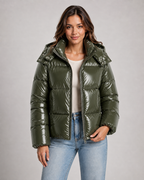 Women's Hooded Glossy Puffer Jacket - Cropped Zip-Up