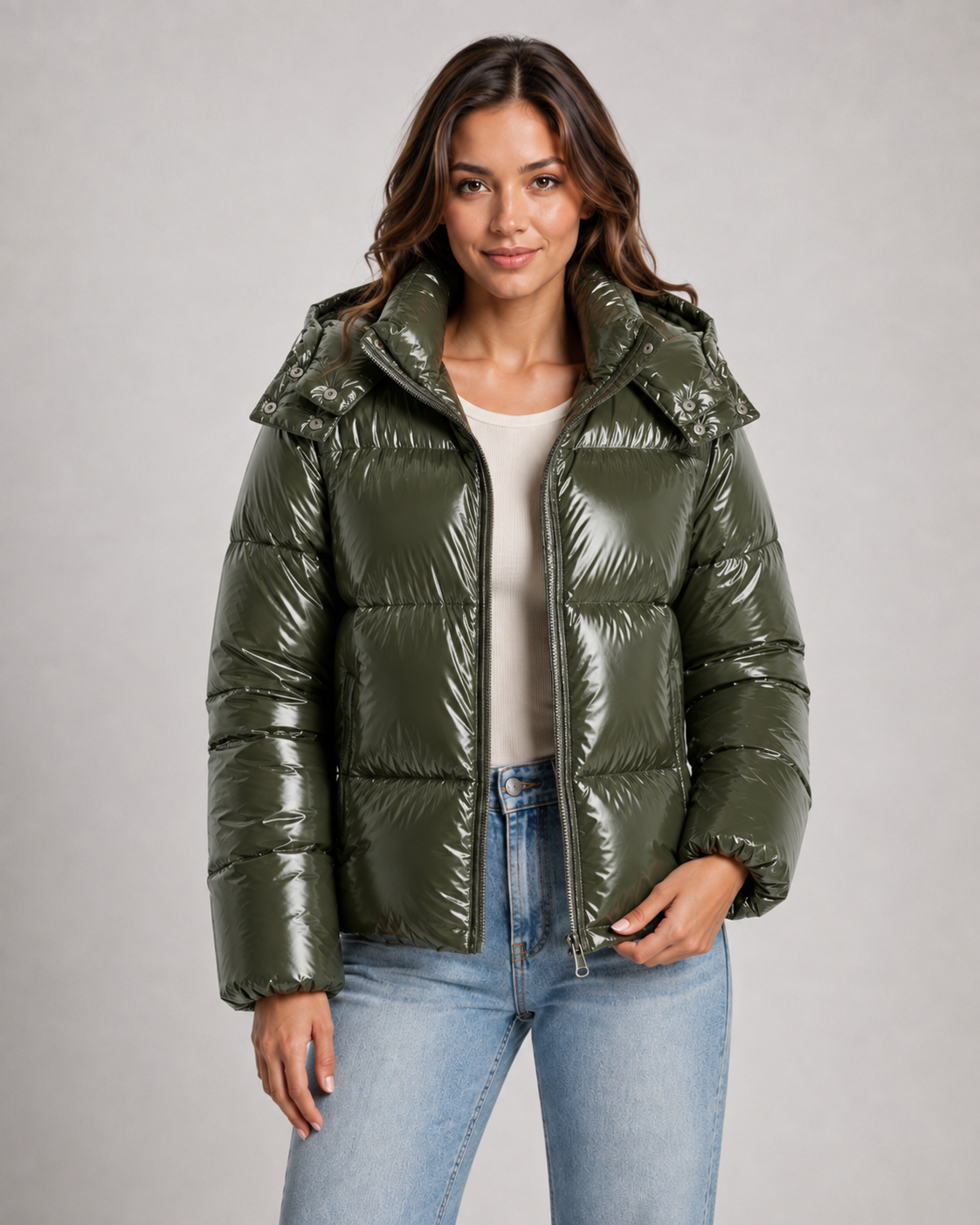 Women's Hooded Glossy Puffer Jacket - Cropped Zip-Up