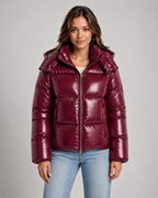 Women's Hooded Glossy Puffer Jacket - Cropped Zip-Up