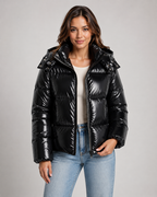 Women's Hooded Glossy Puffer Jacket - Cropped Zip-Up
