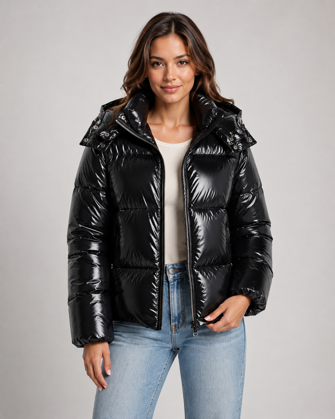 Women's Hooded Glossy Puffer Jacket - Cropped Zip-Up
