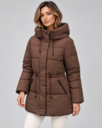 Women's Hooded Puffer Coat - Quilted Drawstring Waist