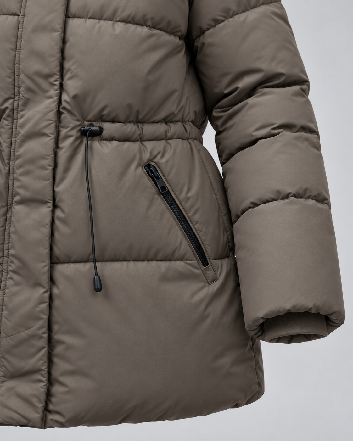 Women's Hooded Puffer Coat - Quilted Drawstring Waist