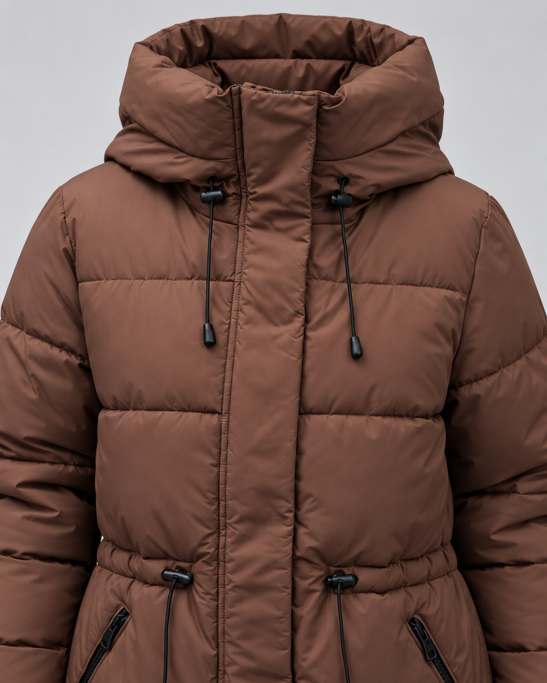 Women's Hooded Puffer Coat - Quilted Drawstring Waist