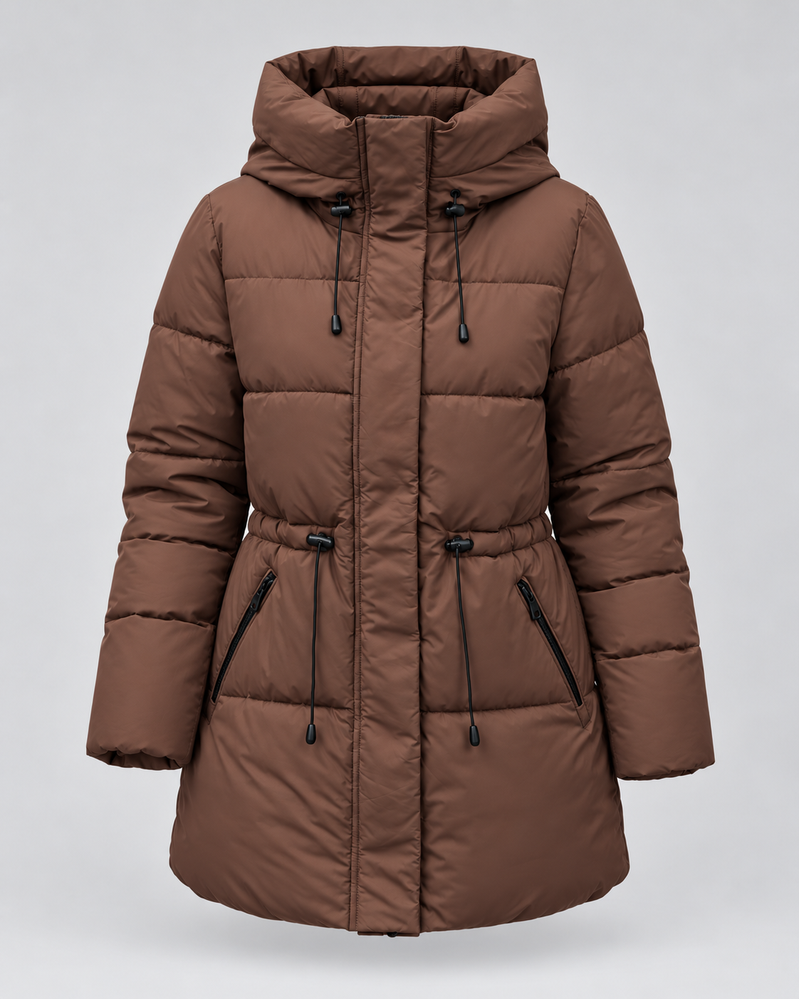 Women's Hooded Puffer Coat - Quilted Drawstring Waist