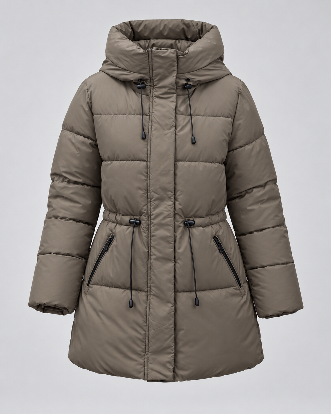 Women's Hooded Puffer Coat - Quilted Drawstring Waist