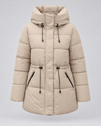 Women's Hooded Puffer Coat - Quilted Drawstring Waist