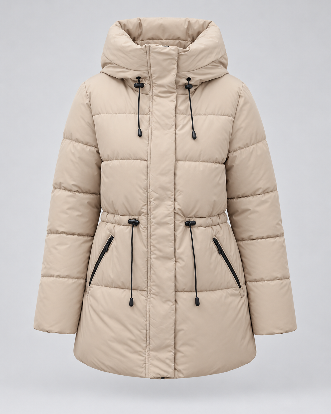 Women's Hooded Puffer Coat - Quilted Drawstring Waist