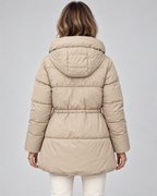 Women's Hooded Puffer Coat - Quilted Drawstring Waist