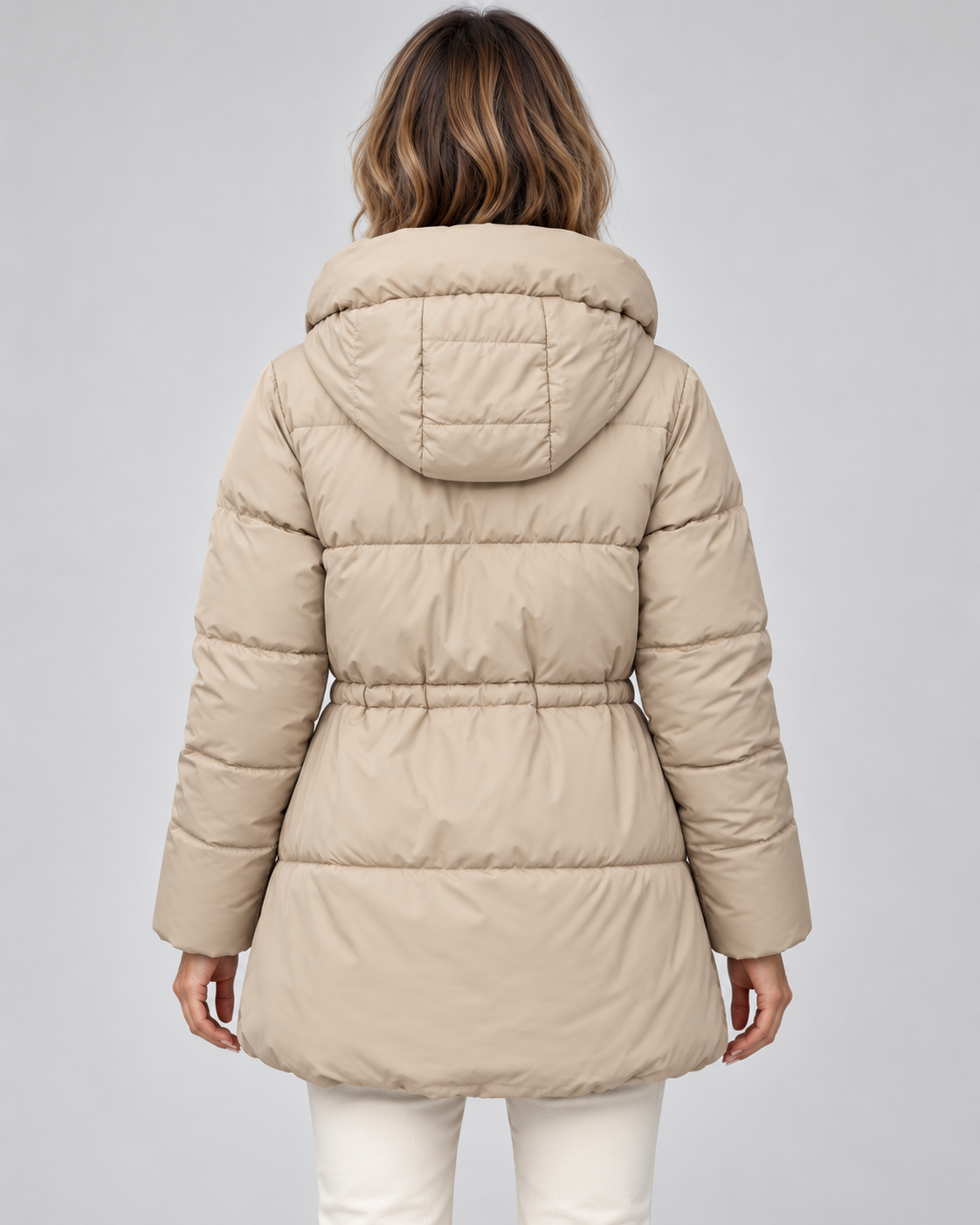 Women's Hooded Puffer Coat - Quilted Drawstring Waist