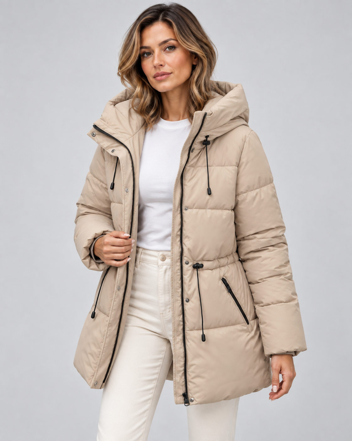 Women's Hooded Puffer Coat - Quilted Drawstring Waist