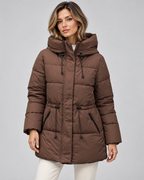 Women's Hooded Puffer Coat - Quilted Drawstring Waist