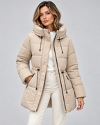 Women's Hooded Puffer Coat - Quilted Drawstring Waist