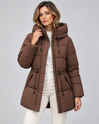 Women's Hooded Puffer Coat - Quilted Drawstring Waist