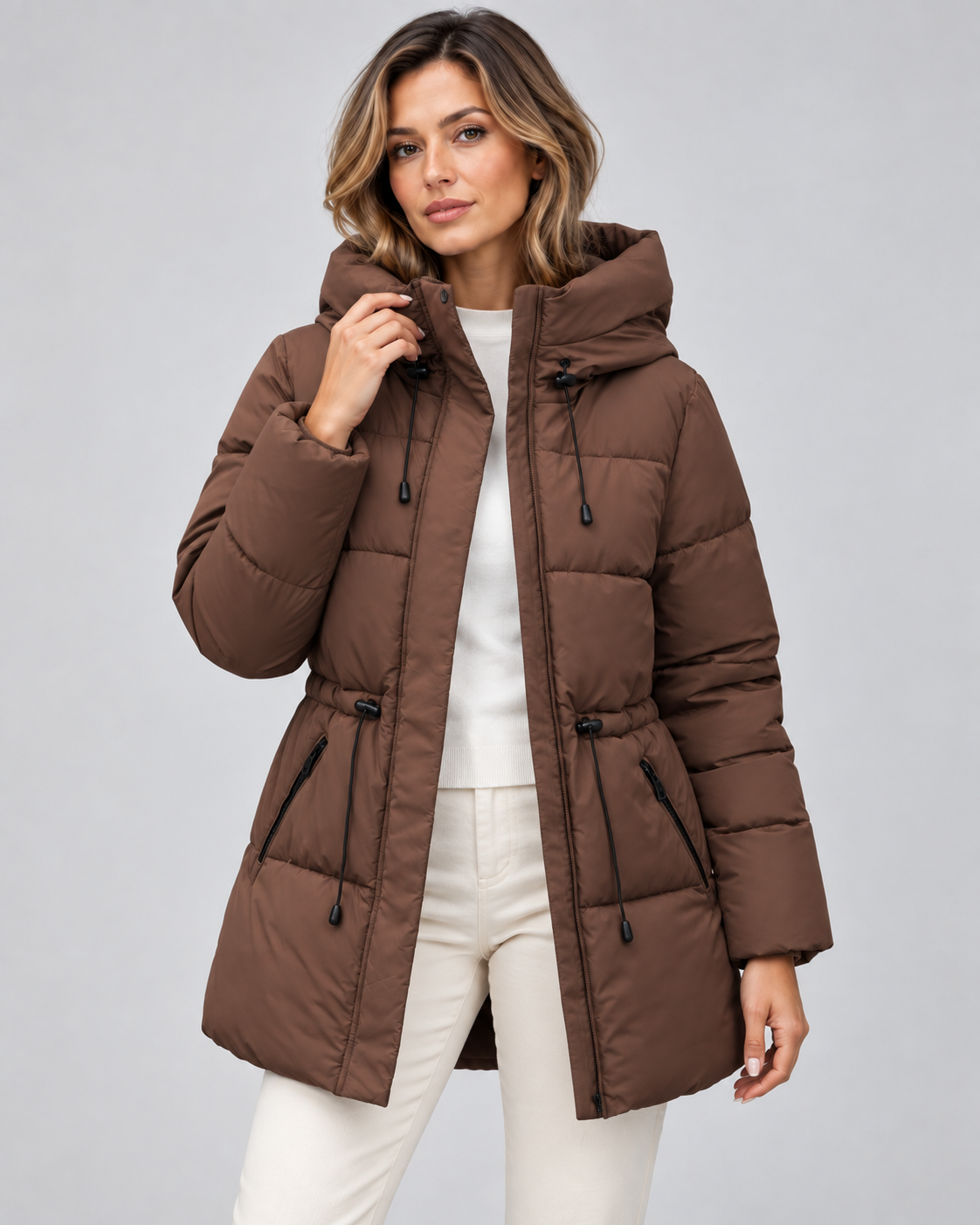 Women's Hooded Puffer Coat - Quilted Drawstring Waist