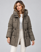 Women's Hooded Puffer Coat - Quilted Drawstring Waist