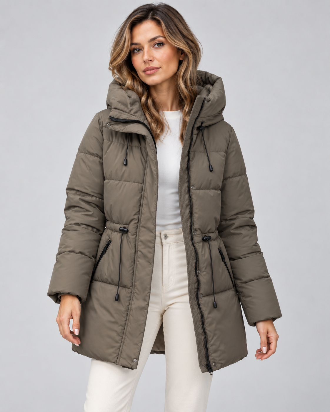 Women's Hooded Puffer Coat - Quilted Drawstring Waist
