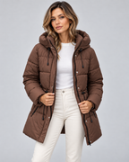 Women's Hooded Puffer Coat - Quilted Drawstring Waist