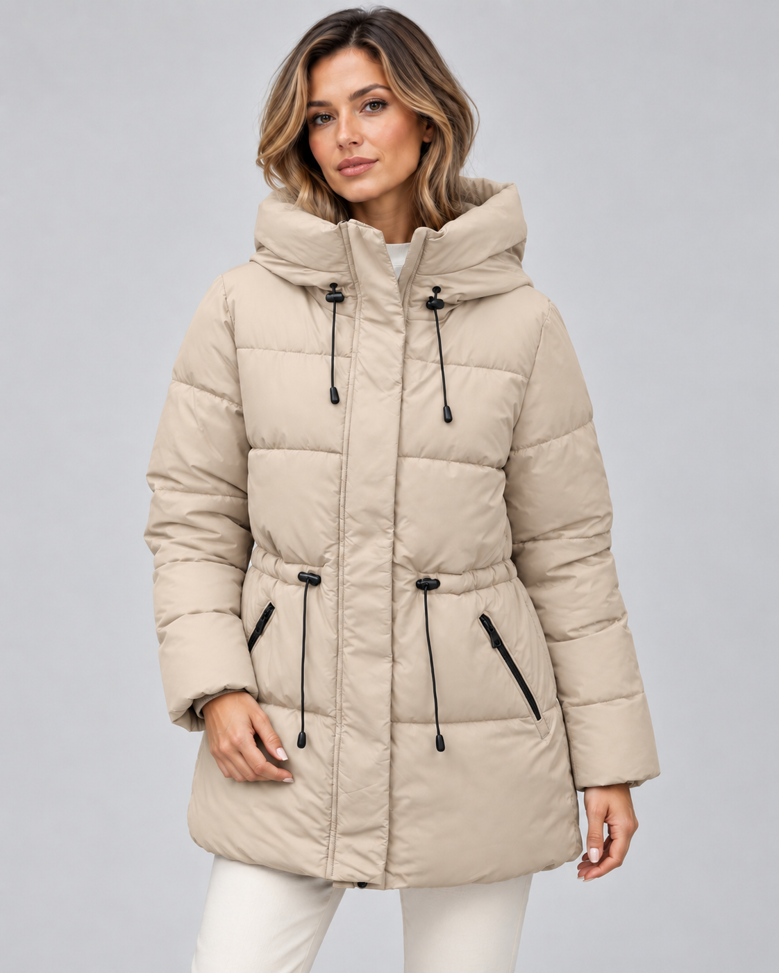 Women's Hooded Puffer Coat - Quilted Drawstring Waist