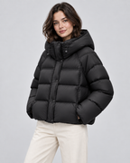 Women's Hooded Puffer Jacket - Cropped Funnel Neck Relaxed Fit