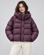 Women's Hooded Puffer Jacket - Cropped Funnel Neck Relaxed Fit