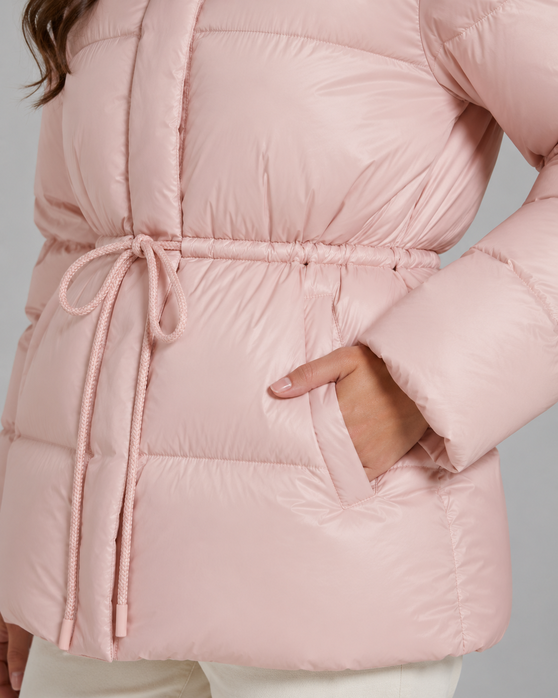 Women's Hooded Puffer Jacket Drawstring Waist Fitted