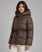 Women's Hooded Puffer Jacket Drawstring Waist Fitted