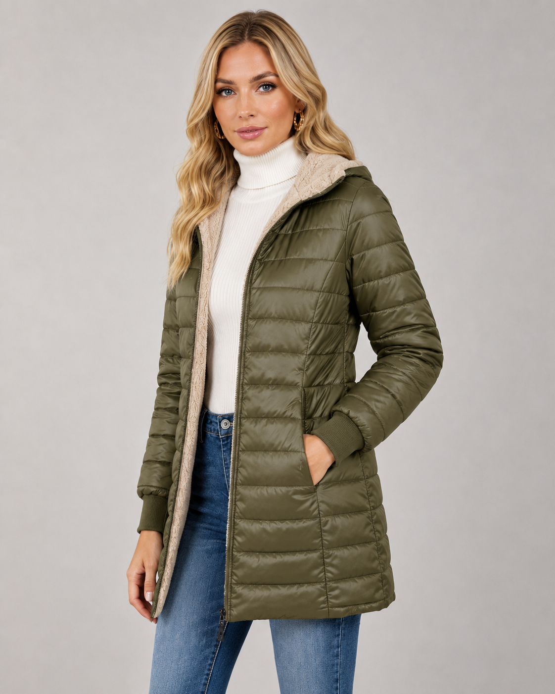 Women's Hooded Puffer Jacket - Quilted Plush-Lined Mid-Thigh