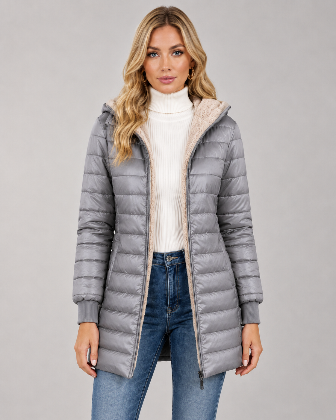Women's Hooded Puffer Jacket - Quilted Plush-Lined Mid-Thigh