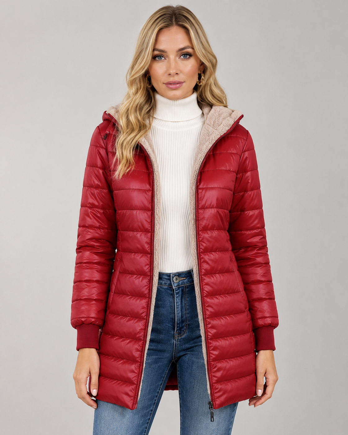 Women's Hooded Puffer Jacket - Quilted Plush-Lined Mid-Thigh