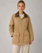 Women's Khaki Barn Jacket - Contrast Collar Zip Front