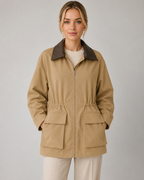 Women's Khaki Barn Jacket - Contrast Collar Zip Front
