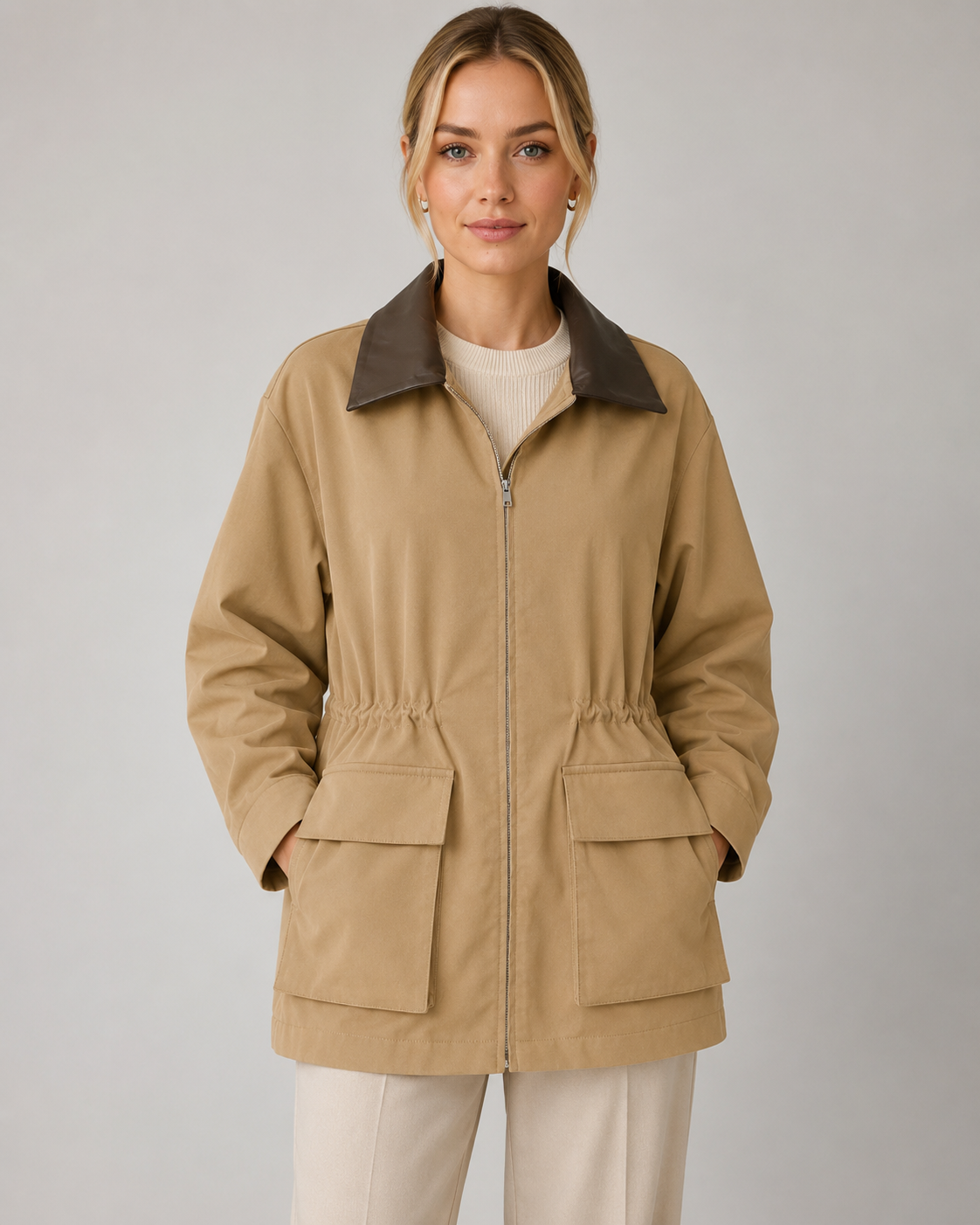 Women's Khaki Barn Jacket - Contrast Collar Zip Front