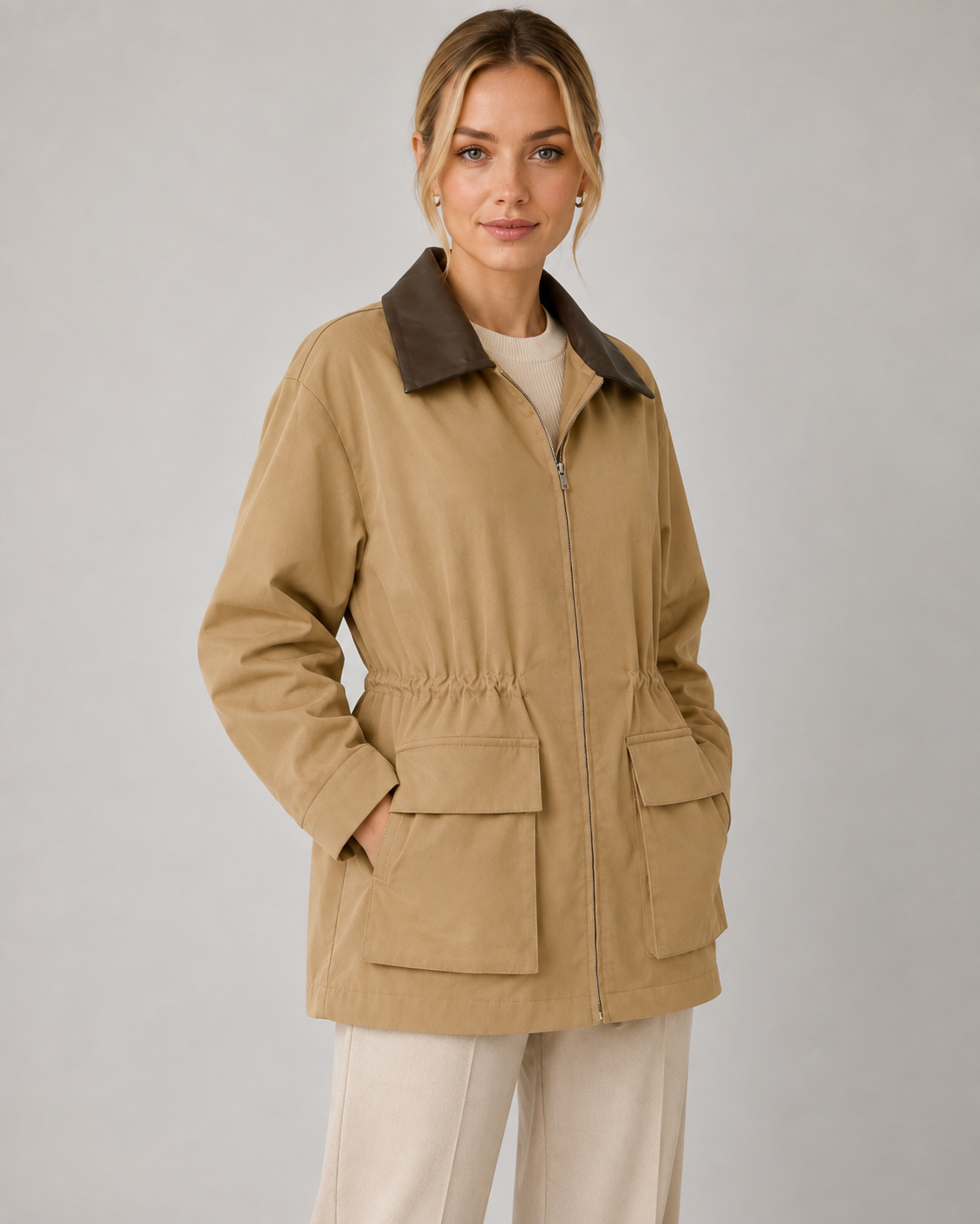 Women's Khaki Barn Jacket - Contrast Collar Zip Front