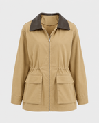Women's Khaki Barn Jacket - Contrast Collar Zip Front