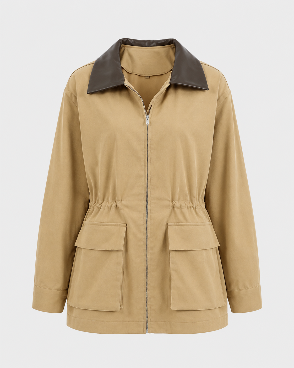 Women's Khaki Barn Jacket - Contrast Collar Zip Front