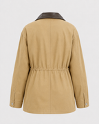 Women's Khaki Barn Jacket - Contrast Collar Zip Front