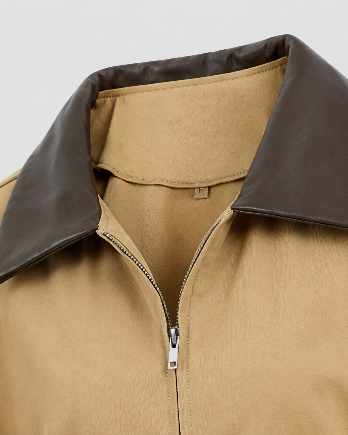 Women's Khaki Barn Jacket - Contrast Collar Zip Front