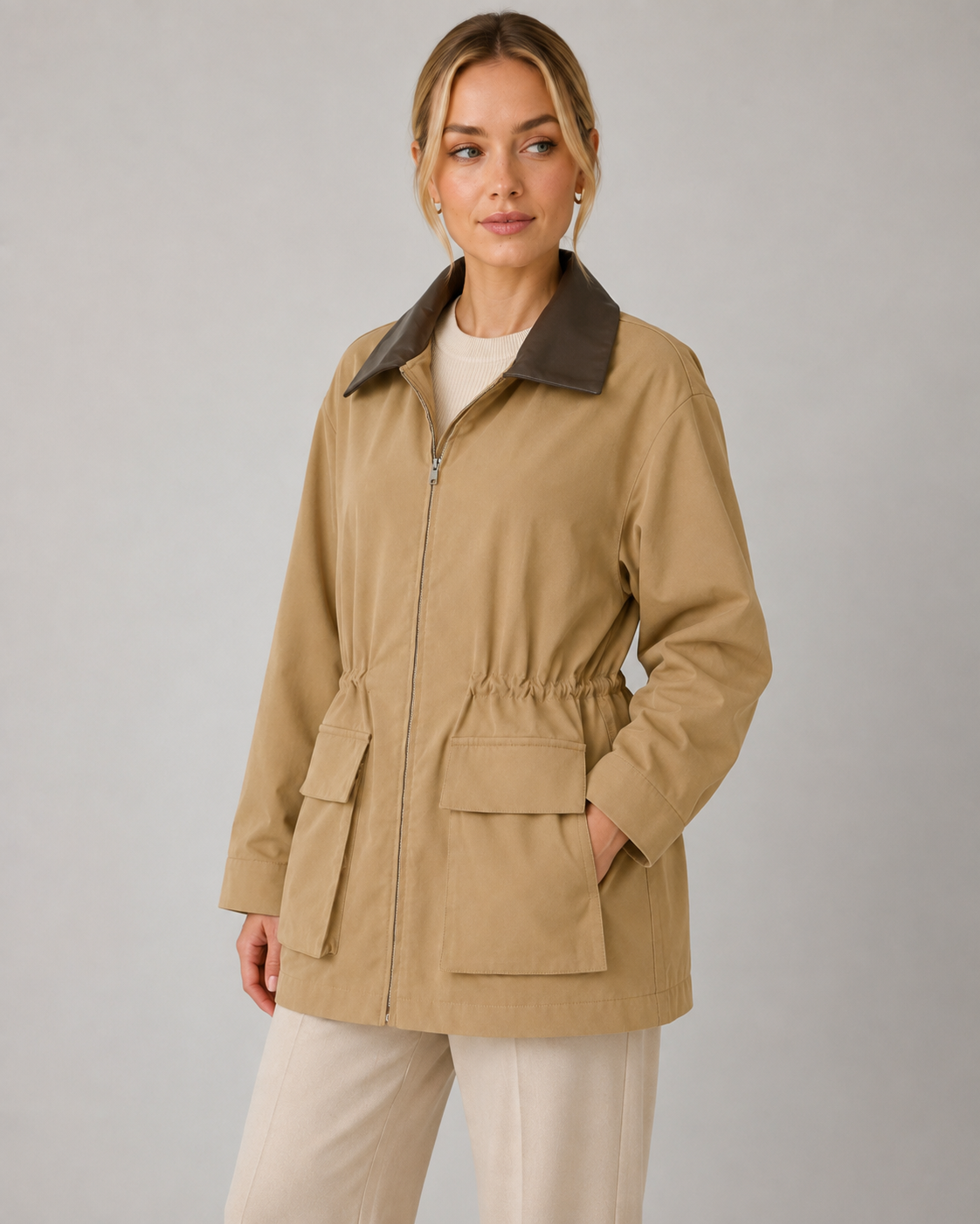 Women's Khaki Barn Jacket - Contrast Collar Zip Front