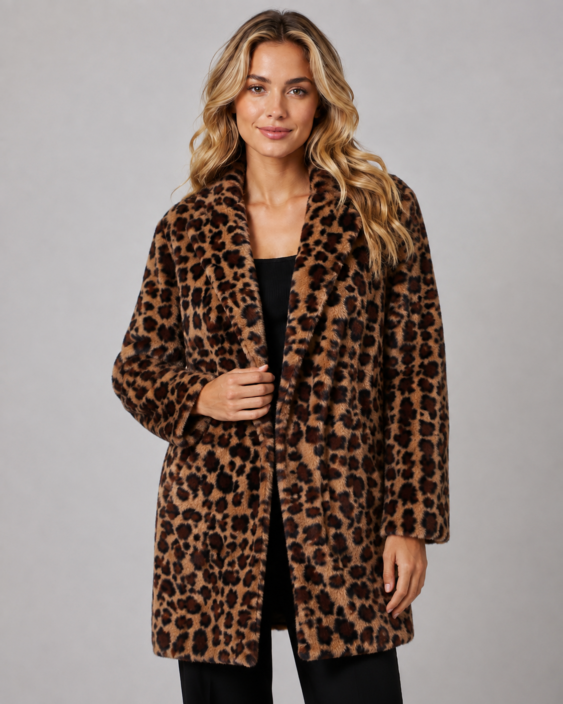 Women's Leopard Print Faux Fur Longline Coat