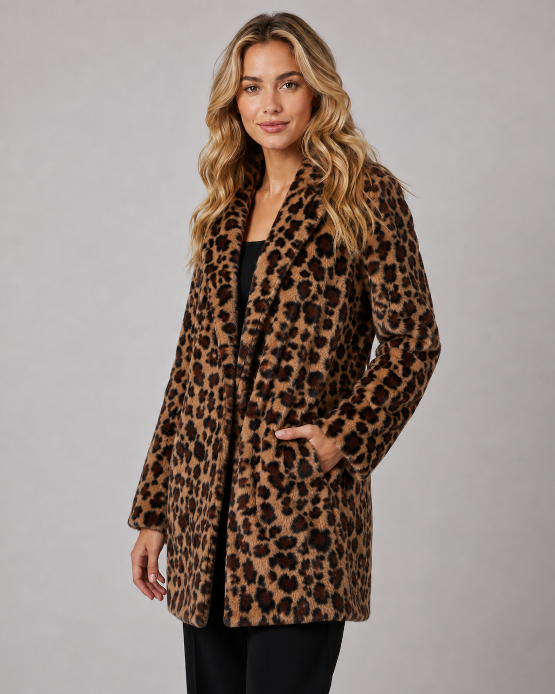 Women's Leopard Print Faux Fur Longline Coat